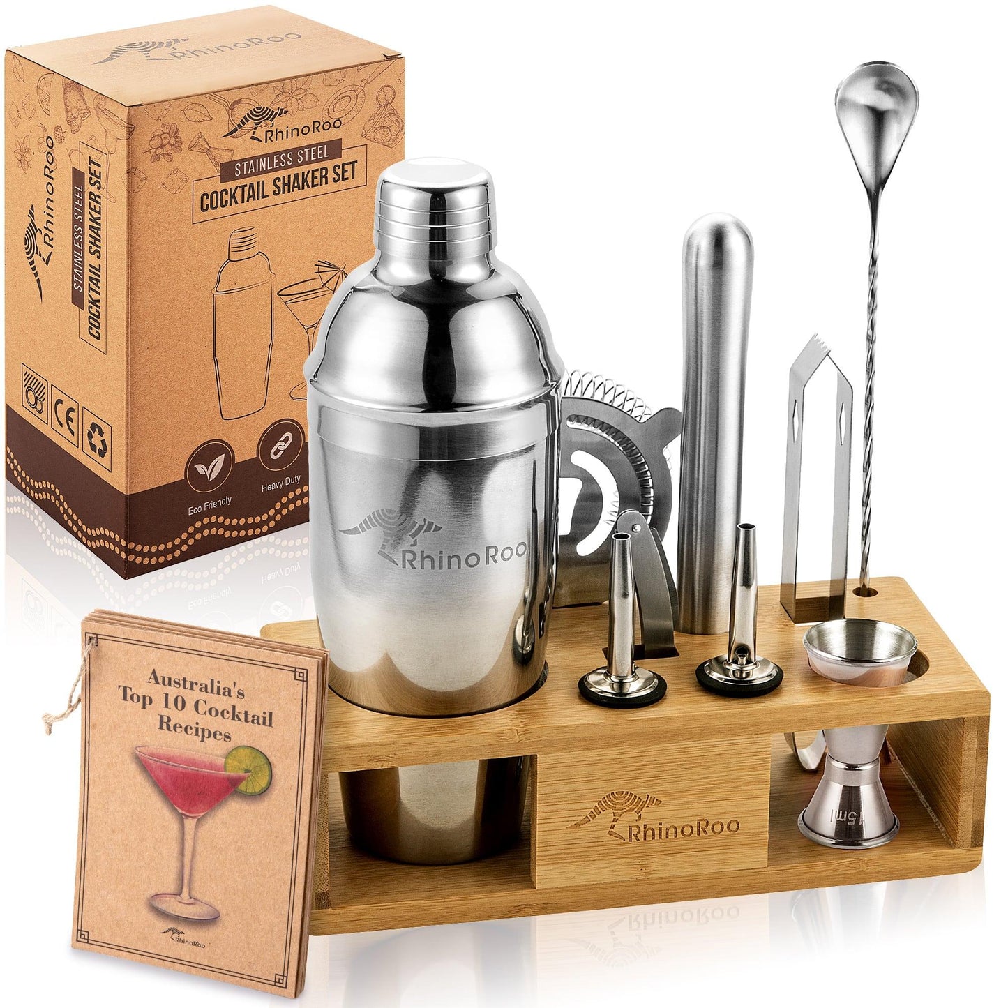 analog ale hund RhinoRoo Cobbler Cocktail Shaker Set - Bamboo Stand and Aussie Recipes
